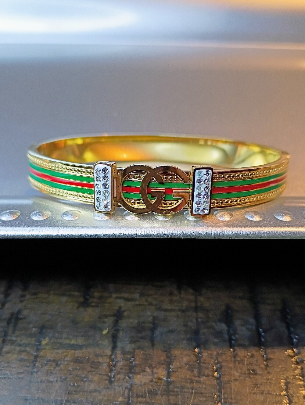 New Gold-Tone Green & Red Stripe Bangle Bracelet with Crystal Logo